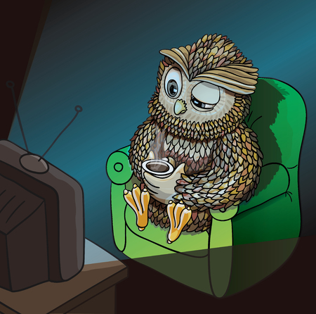 Sleepy Owl with Cup of Coffee, Watching TV Late at Night, Wahtching Sci-Fi, Comedy, Horror Movie. Funny Character Isolated on Whiteのイラスト素材