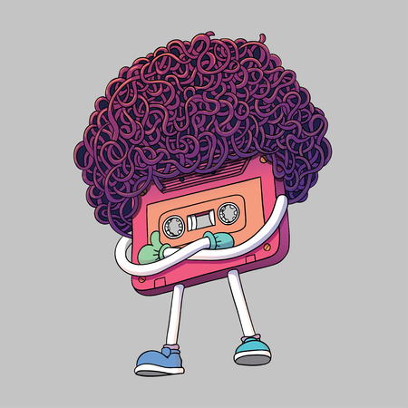 Pink Compact Cassette Tape Character. Mixtape Illustration. Super Afro Haircut Style. Thumbs Up Gesture. Pop Music 80s. Web Graphics, Banners, Advertisements, Stickers, Labels, T-shirt.のイラスト素材