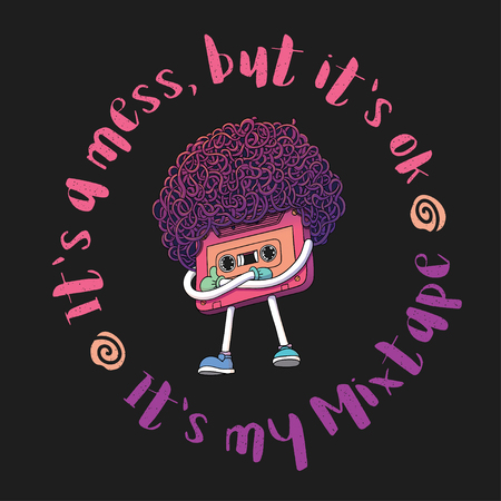 Pink Compact Cassette Tape Character.  Vector illustration isolated on black background.のイラスト素材