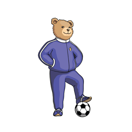 Bear player stepped foot on soccer ball. Character isolated on white vector cartoon illustrationのイラスト素材