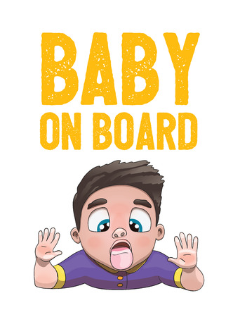 Baby on Board Sign with Child Boy Licking Glass Face on a White Background. Car Sticker With Warning. Vector Illustration.のイラスト素材
