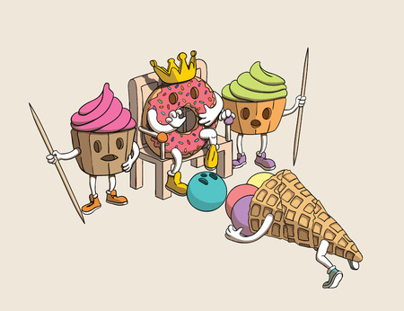 Funny Donut King, Cupcakes Guards Characters Scared by Cone Ice Cream's Fallen Head. Vector Illustration.のイラスト素材