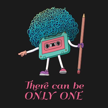 Compact Cassette Tape Character with Pencil. Super Afro Haircut Style. Mixtape Illustration.  There Can be Only One. Pop Music 80s, 90s. Graphics, Banners, Advertisements, Stickers, Labels, T-shirt.のイラスト素材