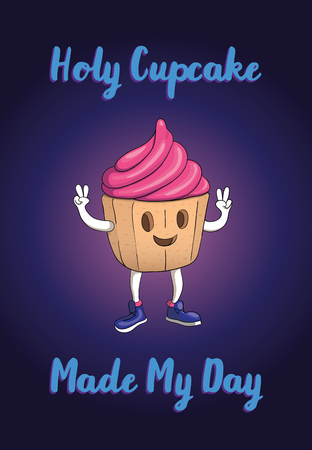 Cupcake Character with Sweet Pink Cream. Showing Victory Signs with it's Hands. Vector Illustration. With Sloganのイラスト素材
