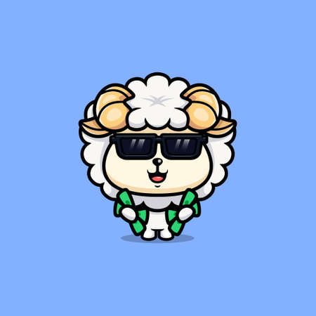 cute sheep holding money cartoon icon character. chibi animal mascot illustration vectorのイラスト素材