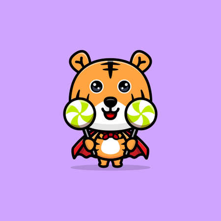 ute tiger wearing robe and holding lollipop candy cartoon mascot illustration. design of animal mascot for a storybook, animation, or print productのイラスト素材