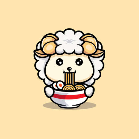 cute sheep eating ramen noodle cartoon icon character. chibi animal mascot illustration vectorのイラスト素材