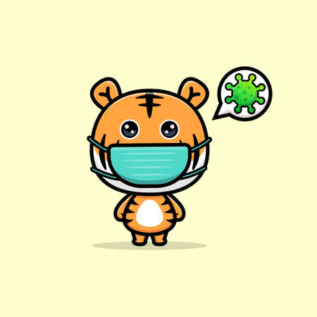 Cute tiger wearing mask cartoon mascot illustration. design of animal mascot for a storybook, animation, or print productのイラスト素材