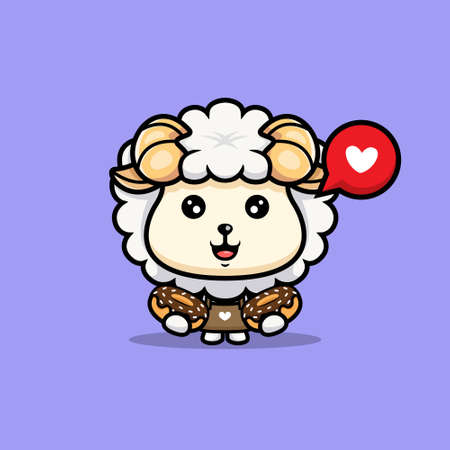 cute sheep love donuts cartoon icon character. chibi animal mascot illustration vectorのイラスト素材