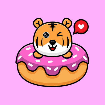 Cute tiger inside big donut cartoon mascot illustration. design of animal mascot for a storybook, animation, or print productのイラスト素材