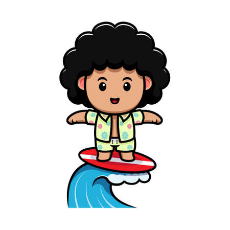 cute afro boy surfing cartoon illustrationのイラスト素材