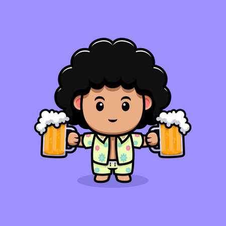 cute afro boy holding beer cartoon illustrationのイラスト素材