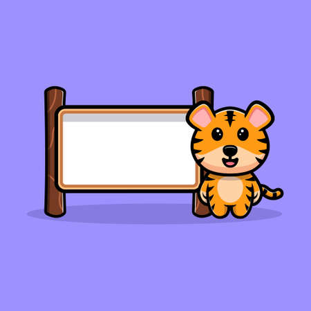 Cute tiger with white blank text board cartoon mascotのイラスト素材