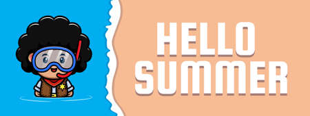 cute afro man with summer greeting bannerのイラスト素材