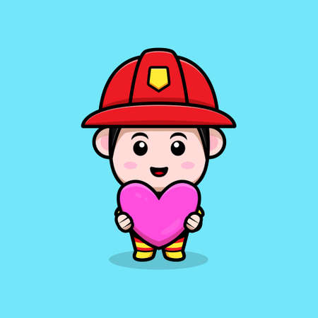 cute firefighter holding heart for gift cartoon mascotのイラスト素材