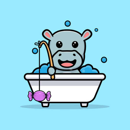 Cute hippo cacthing candy from bathtub mascot designのイラスト素材