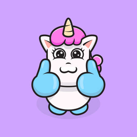 Unicorn with tumb up hand cute cartoon illustration vector suitable for children books, stickers, banners, t-shirt, and other graphic productのイラスト素材