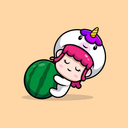 design of cute girl wearing unicorn costume hug watermelon icon illustrationのイラスト素材