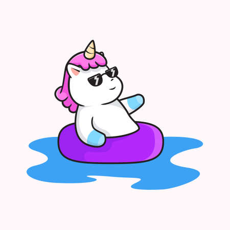 Unicorn on swimming pool cute cartoon illustration vector suitable for children books, stickers, banners, t-shirt, and other graphic productのイラスト素材