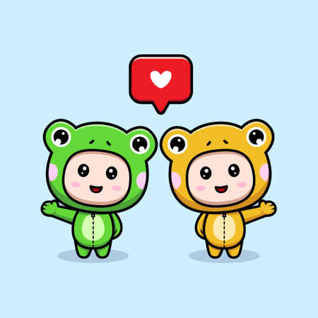 Design of cute boy wearing frog costume waving hand with loveのイラスト素材