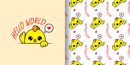 Cute  chickens say hello illustration â seamless patternのイラスト素材
