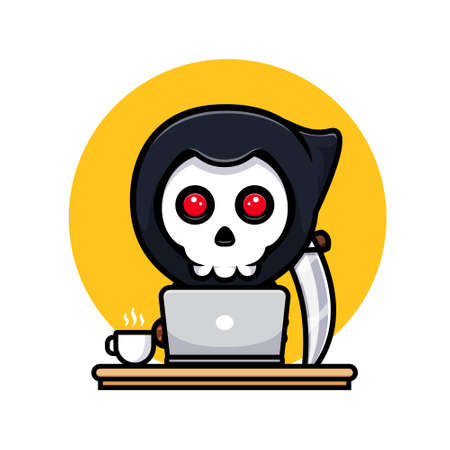 Grim reaper working online from home. Cute mascot illustrationのイラスト素材