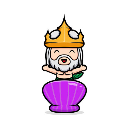 Cute neptune waving hand behind shells , design of ocean king  mascotのイラスト素材