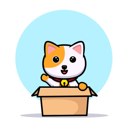 Cute cat inside box and waving hand cartoon mascotのイラスト素材