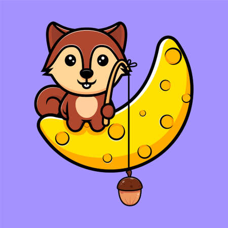 Cute squirrel catch nut from moon mascot character. Animal icon illustrationのイラスト素材