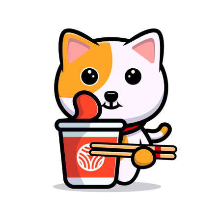 Cute cat with instant noodle cartoon mascotのイラスト素材