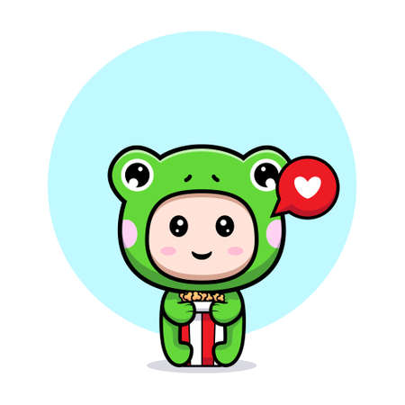 Design of cute boy wearing frog costume with popcornのイラスト素材