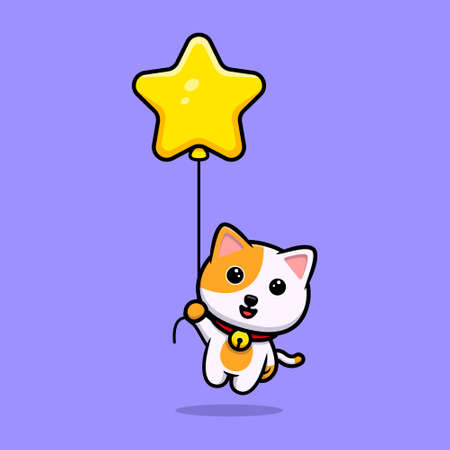 Cute cat floating with star balloon cartoon mascotのイラスト素材