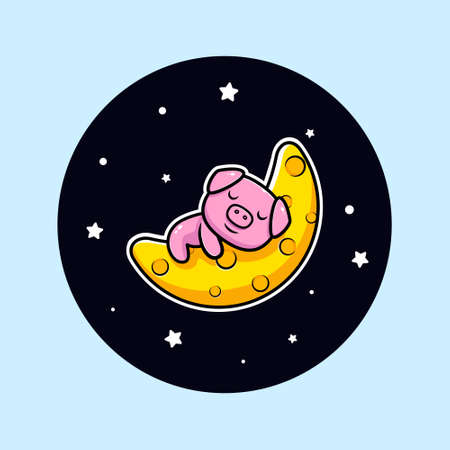 Cute pig sleeping on the moon mascot character. Animal icon illustrationのイラスト素材