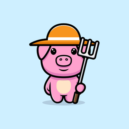 Cute pig farmer wearing hat mascot character. Animal icon illustrationのイラスト素材