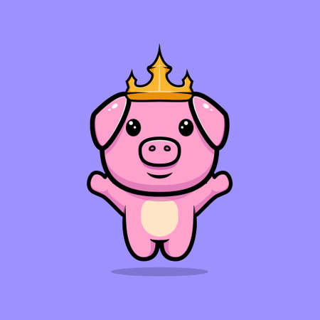 Cute pig king jumping mascot character. Animal icon illustrationのイラスト素材