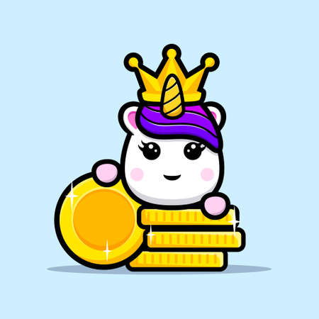 Cute unicorn king with gold coin mascot designのイラスト素材