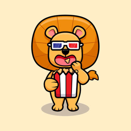 Cute lion king eating popcorn and watching movie design icon illustrationのイラスト素材