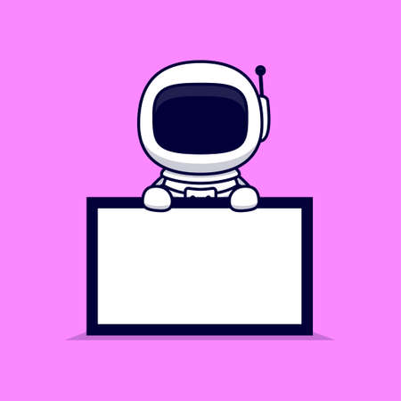 Cute Astronaut Holding Blank Text Board Cartoon Vector Icon Illustration. Flat Cartoon Styleのイラスト素材