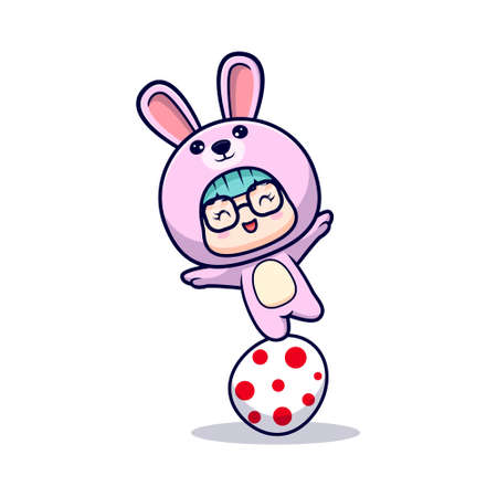 Cute girl wearing bunny costume standing on easter eggのイラスト素材