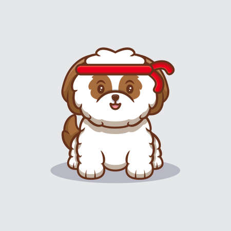 Cute Shih-tzu Puppy Wearing Red Headband Cartoon Icon Illustrationのイラスト素材