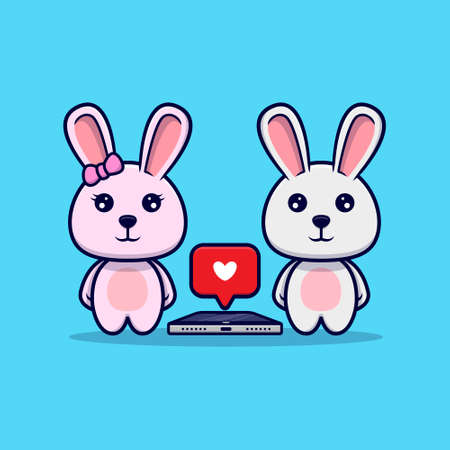 Cute bunny couple get love in phone design icon illustrationのイラスト素材