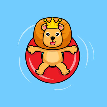 Cute lion king relaxing in swimming  pool design icon illustrationのイラスト素材