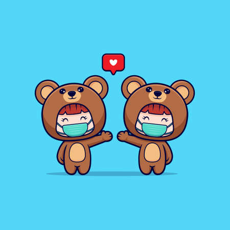 Design of cute girl wearing bear costume and mask to prevention virusのイラスト素材