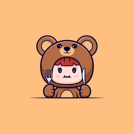 Design of cute girl wearing bear costume hungryのイラスト素材