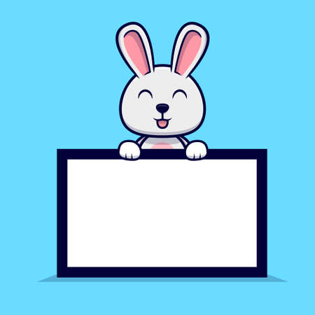 Cute bunny holding blank text board design icon illustrationのイラスト素材
