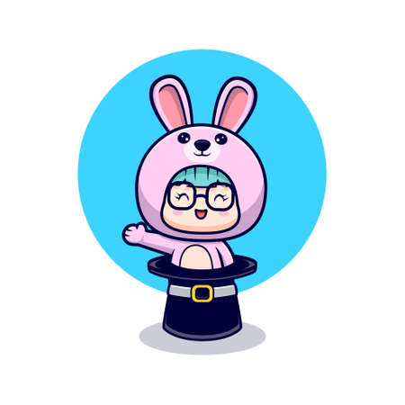 Cute girl wearing bunny costume waving hand from hatのイラスト素材