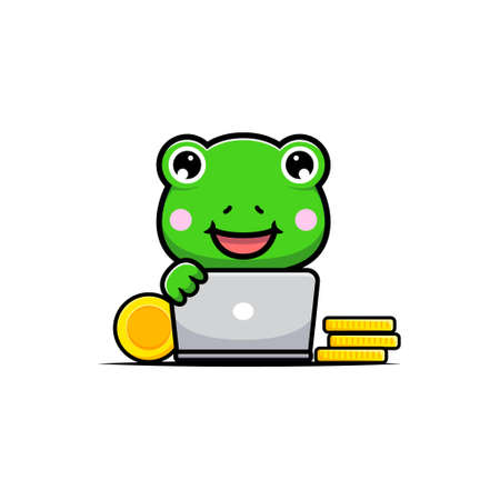 Design of cute frog with computer and gold coinsのイラスト素材