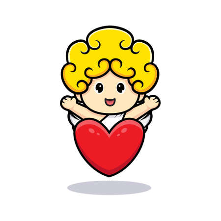 Design of cute cupid waving hand behind big heartのイラスト素材