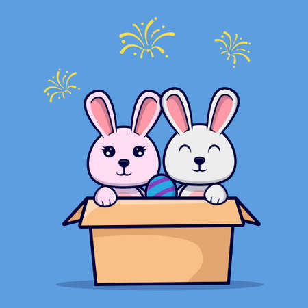 Cute bunny couple inside cardboard with easter egg design icon illustrationのイラスト素材