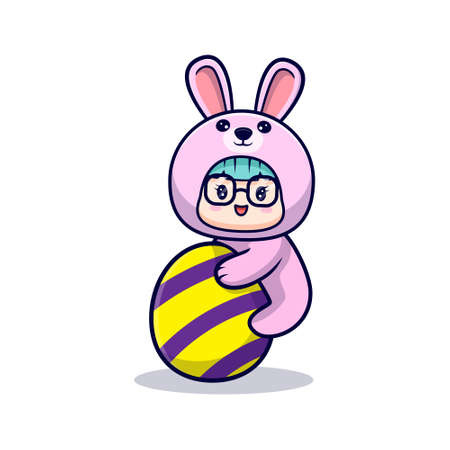 Cute girl wearing bunny costume hold decorative egg for easter dayのイラスト素材